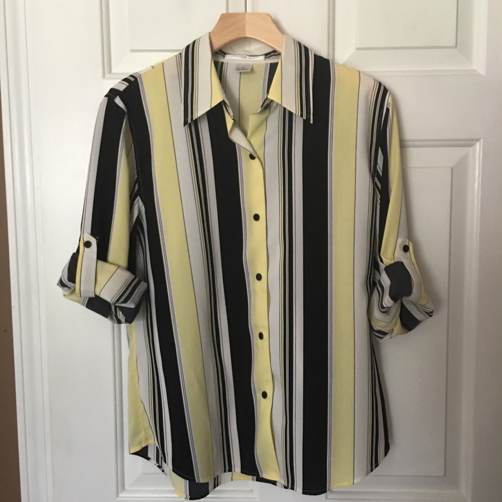 Women Button Down Striped Blouse Shirt Top Long Convertible Sleeve Black Yellow.